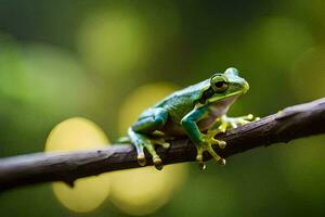 a green frog sitting on a branch. AI-Generated photo