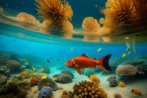 a fish swims in the ocean with coral and anemones. AI-Generated photo