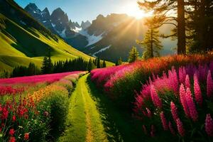 the sun shines on a field of pink flowers in the mountains. AI-Generated photo