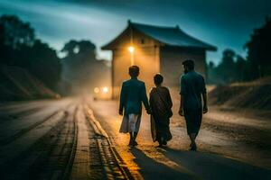 three people walking down a road at dusk. AI-Generated photo