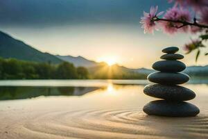 un apilar de piedras en el arena por un lago. generado por ai foto