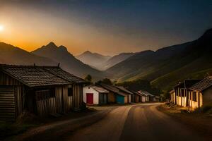 a road leading to a village with houses and mountains in the background. AI-Generated photo