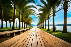 a long wooden walkway lined with palm trees. AI-Generated photo