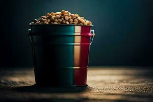 a bucket of peanuts on a dark background. AI-Generated photo