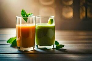 two glasses of juice with fresh mint leaves. AI-Generated photo