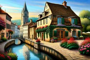 a painting of a small town with a river and flowers. AI-Generated photo