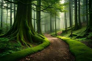 a path through a green forest with mossy trees. AI-Generated photo