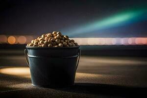 a bucket filled with peanuts sitting on the ground. AI-Generated photo