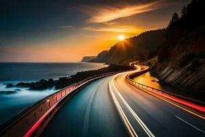 a long exposure photograph of a highway with the sun setting behind it. AI-Generated photo