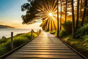 a wooden boardwalk leading to the sea at sunset. AI-Generated photo