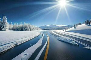 a snowy road with the sun shining over it. AI-Generated photo