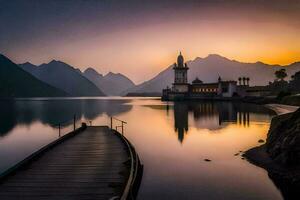 a pier with a mosque in the background at sunset. AI-Generated photo