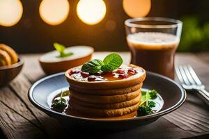 pancakes with fruit and mint on a plate. AI-Generated photo