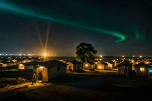 the aurora borealis lights up the sky over a camp in the middle of the night. AI-Generated photo