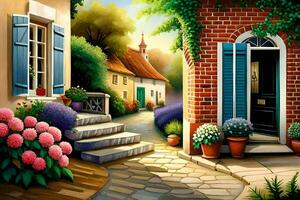 a painting of a house with flowers and a path. AI-Generated photo