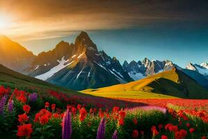 the sun shines over a field of red flowers and mountains. AI-Generated photo