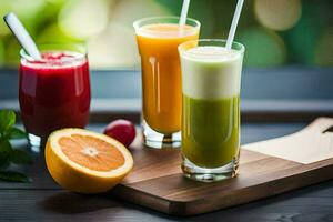 three different types of juices on a wooden cutting board. AI-Generated photo