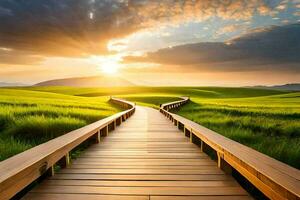 a wooden walkway leads to a green field at sunset. AI-Generated photo