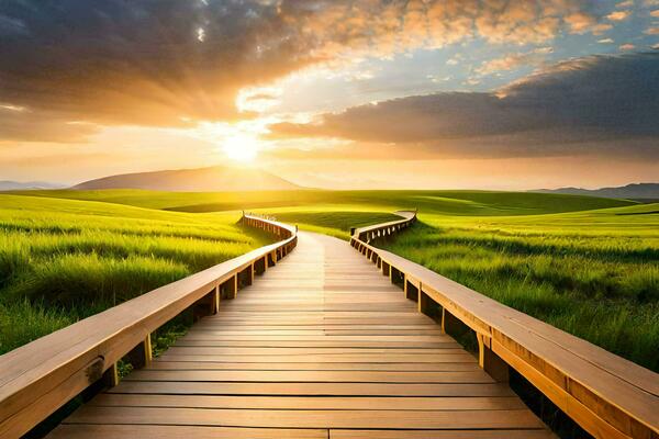 a wooden walkway leads to a green field at sunset. AI-Generated