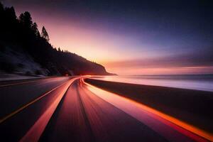 a long exposure photograph of a road with a car driving on it. AI-Generated photo