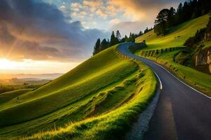 el la carretera a el puesta de sol. generado por ai foto