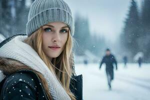 a beautiful young woman in a winter coat. AI-Generated photo