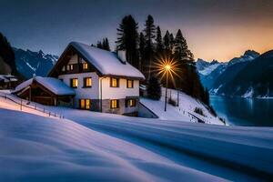 un casa en el nieve con un lago en el antecedentes. generado por ai foto