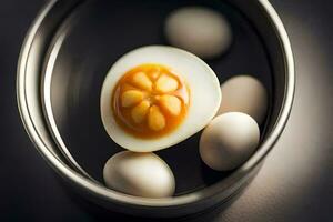 a can of boiled eggs with an egg in the middle. AI-Generated photo