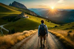 un hombre con mochila caminando en un la carretera en el montañas. generado por ai foto