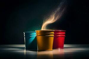 three colorful cups with sand coming out of them. AI-Generated photo