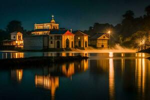 un Iglesia iluminado arriba a noche en el medio de un lago. generado por ai foto