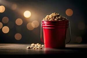 un rojo Cubeta lleno con palomitas de maiz en un de madera mesa. generado por ai foto