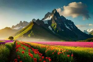 el Dom sube terminado un campo de flores y montañas. generado por ai foto