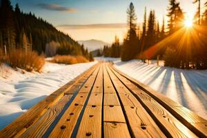 a wooden boardwalk in the snow. AI-Generated photo