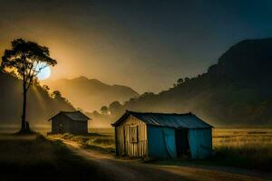 the sun rises over a small shack in the middle of a field. AI-Generated photo