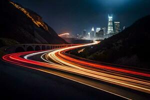 a long exposure photo of a highway at night with lights. AI-Generated