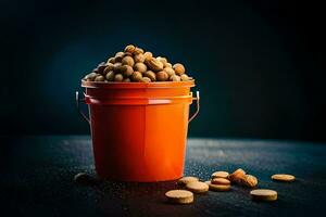 a bucket filled with peanuts on a dark table. AI-Generated photo