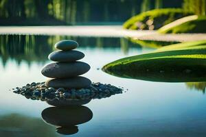a stack of stones sitting on top of a lake. AI-Generated photo