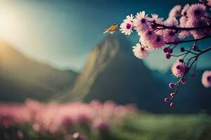 a butterfly flies over a pink flower in front of a mountain. AI-Generated photo