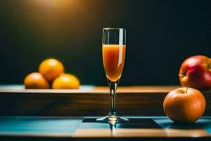 an orange juice glass with apples on a table. AI-Generated photo