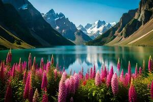 the lake is surrounded by mountains and flowers. AI-Generated photo