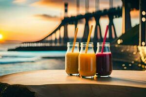 juice in a glass with a bridge in the background. AI-Generated photo