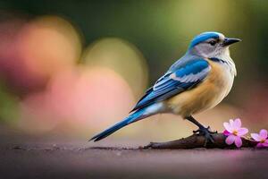 a blue jay perched on a branch with pink flowers. AI-Generated photo