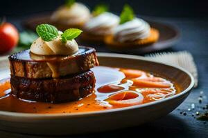 un plato de comida con carne y vegetales. generado por ai foto