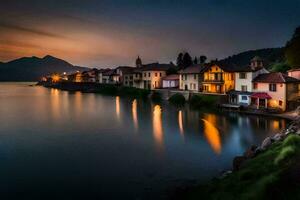 a lake at dusk with houses on the shore. AI-Generated photo