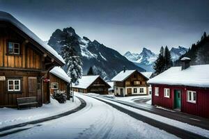 a snowy road in front of a mountain village. AI-Generated photo