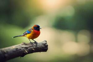 a colorful bird sits on a branch in the sun. AI-Generated photo