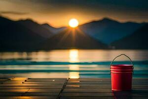 a red bucket sits on a dock overlooking a lake. AI-Generated photo