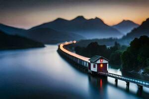 a long exposure photograph of a train on a bridge. AI-Generated photo