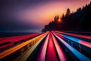 a long exposure photo of a train track with colorful lights. AI-Generated